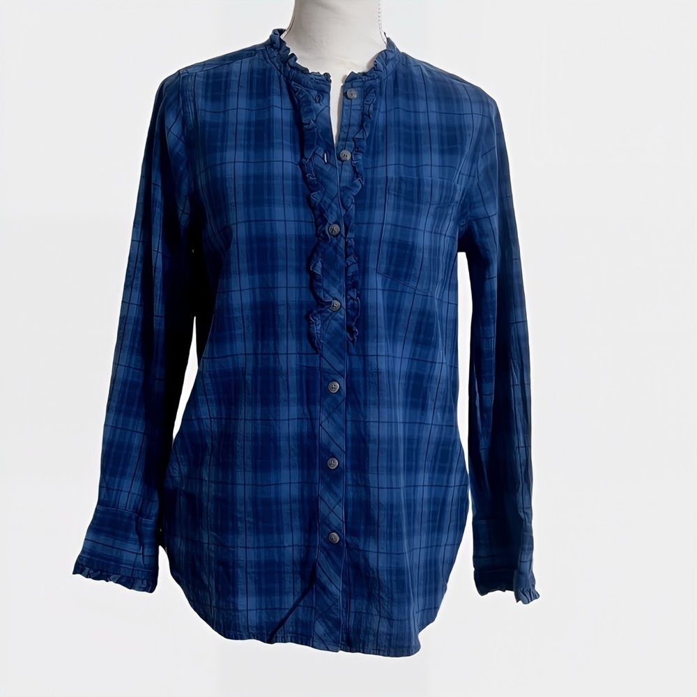 Lucky Brand Blue Ruffle Chambray Plaid Long Sleeve Blouse Shirt Women’s Size S/P